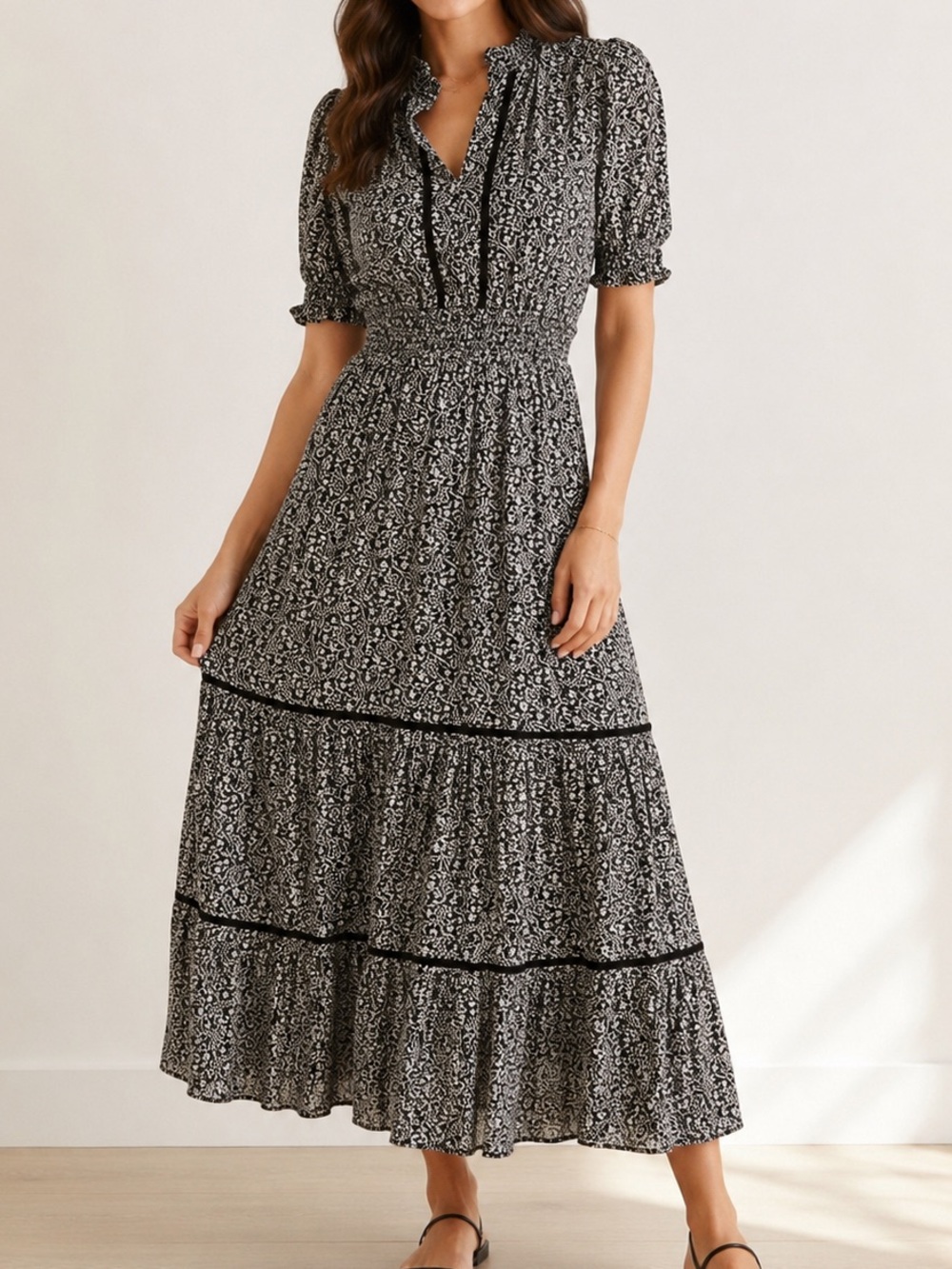 Roan + Ryan Smocked Paisley Tiered Maxi Dress Black Ivory Size Small Boho Lined